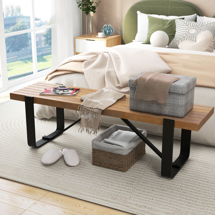 Rustic 60-inch entryway bench with a wooden top and metal frame, ideal for shoe storage and comfortable seating.