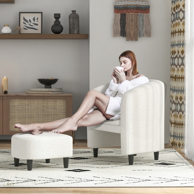 Modern upholstered barrel teddy velvet chair in beige with ottoman, perfect for living room or bedroom relaxation.