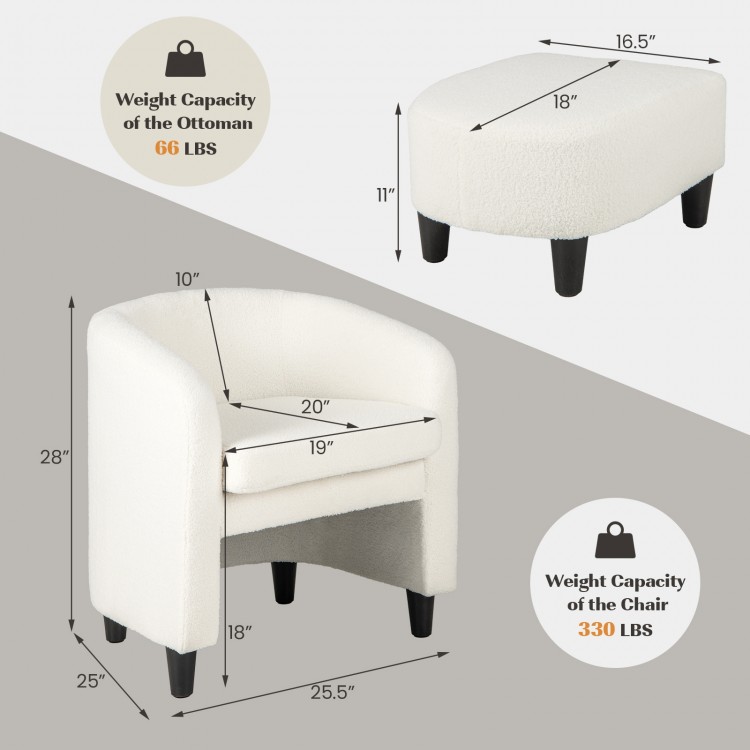 Beige modern upholstered barrel chair with ottoman, featuring teddy velvet, ergonomic design, and non-slip foot pads.