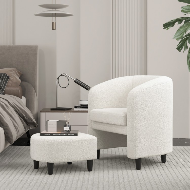 Beige modern upholstered barrel chair with ottoman, featuring teddy velvet fabric, ergonomic design, and non-slip foot.