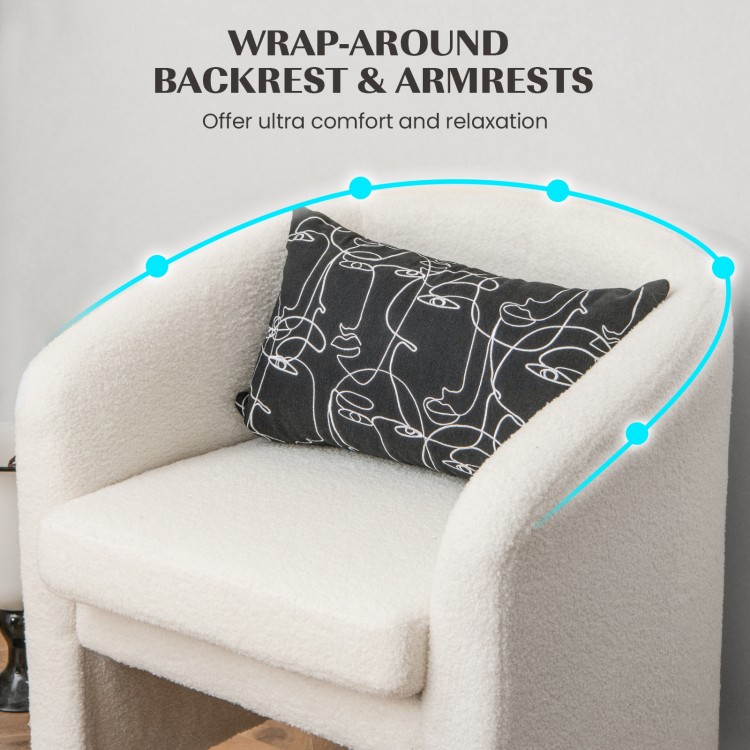 Modern upholstered barrel chair with wrap-around backrest and armrests in beige, featuring a removable cushion for easy.