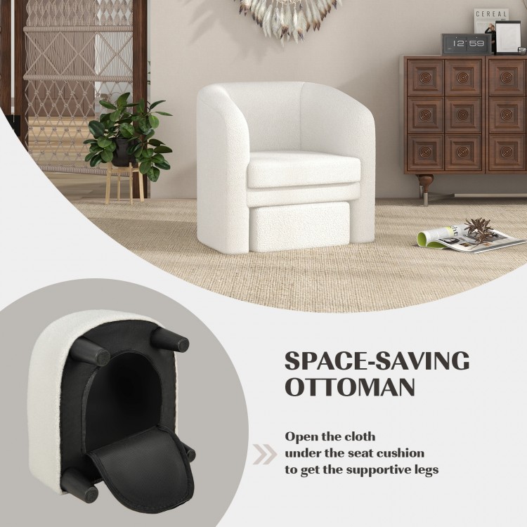 Modern upholstered barrel chair in beige with a space-saving ottoman stored underneath for versatile living room use.