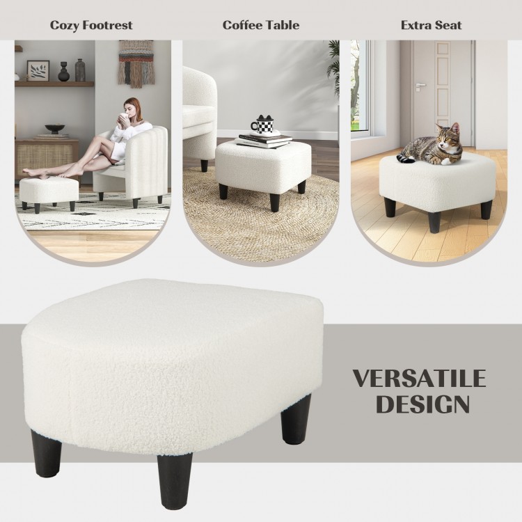 Beige ottoman with black legs, made of teddy velvet, used as a footrest or extra seat for versatile living room decor.