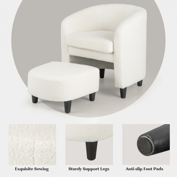 Modern upholstered barrel chair with ottoman in beige teddy velvet, featuring sturdy legs and anti-slip foot pads for.