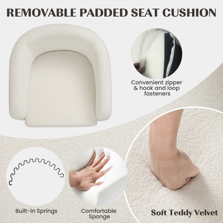 Removable padded seat cushion in soft teddy velvet with zipper and hook fasteners for easy cleaning and comfort.