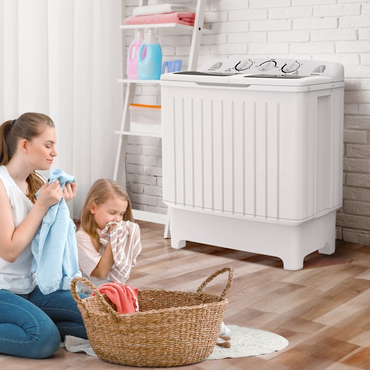 Portable washing machine with twin tub design, 20 lbs capacity, and transparent lid for easy laundry monitoring.