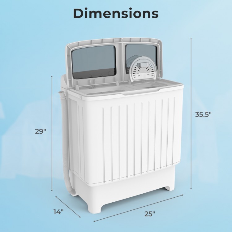 Dimensions of the 20 lbs Portable Washing Machine with built-in gravity drain, featuring a twin tub design for.