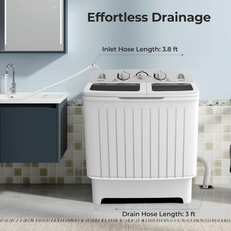 Portable washing machine with twin tub design, 12 lbs capacity, and 3.8 ft inlet hose for efficient laundry in small.