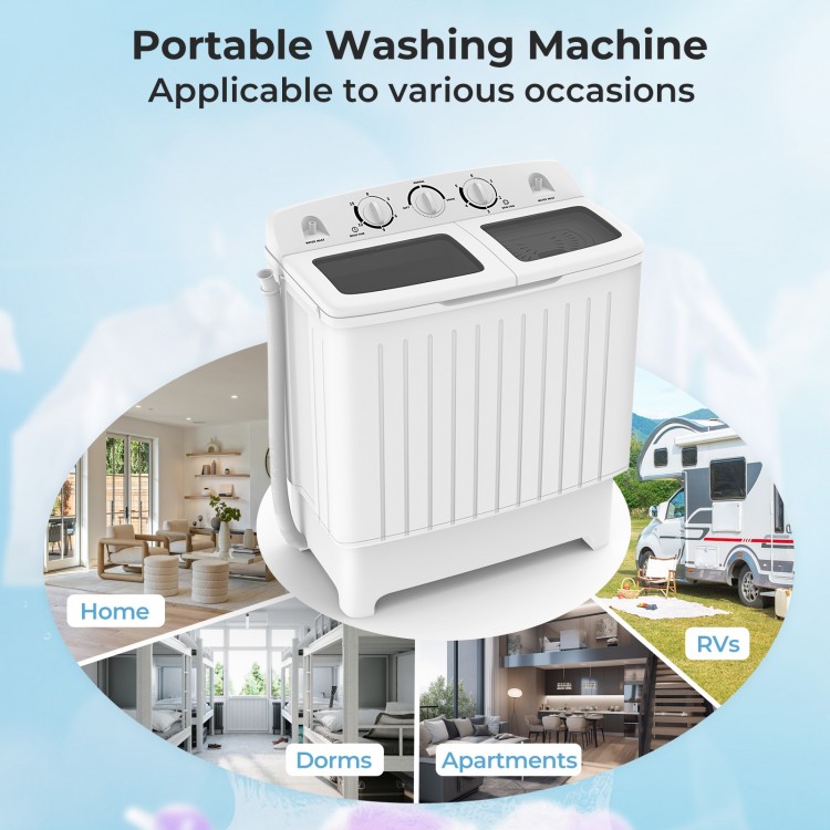 Portable washing machine with twin tub design, 20 lbs capacity, ideal for RVs, apartments, and dorms.