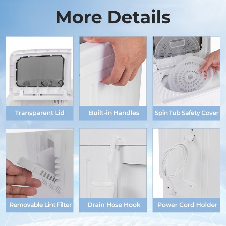Transparent lid and built-in handles of the 20 lbs portable washing machine for easy monitoring and transport.