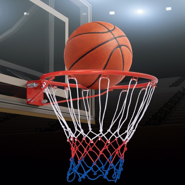 18-inch basketball rim with orange ball, featuring all-weather net and durable mounting hardware for versatile play.