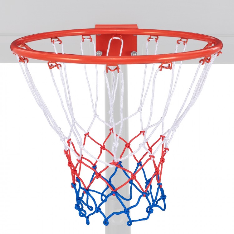 18-inch basketball rim in orange with all-weather net and mounting hardware, suitable for indoor and outdoor play.