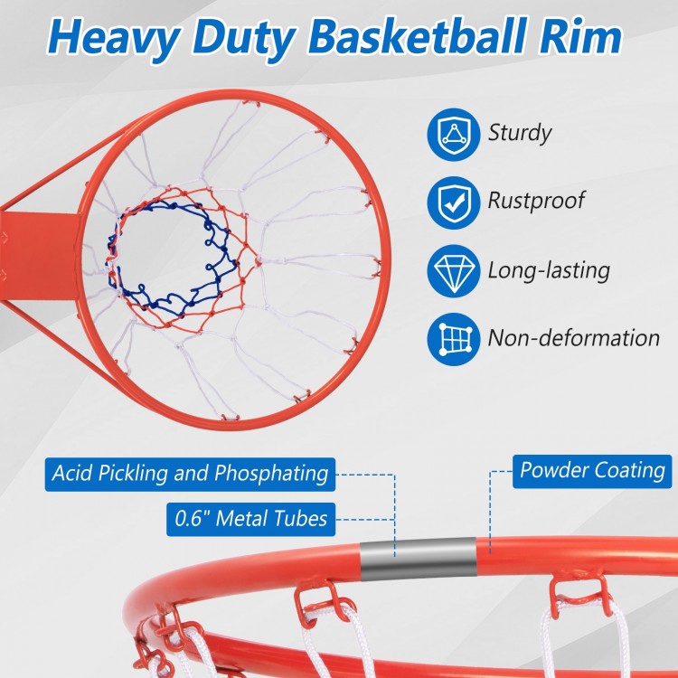 18-inch basketball rim in orange with powder-coated metal tubes and all-weather net, ideal for indoor and outdoor play.