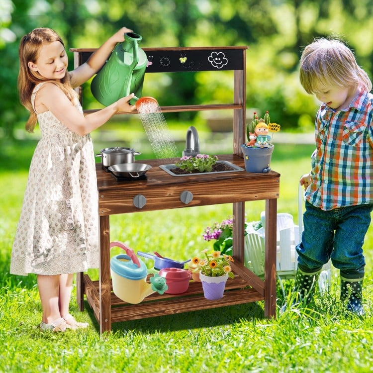 Outdoor mud kitchen for kids featuring a rotatable faucet, removable sink, and realistic cookware for imaginative play.