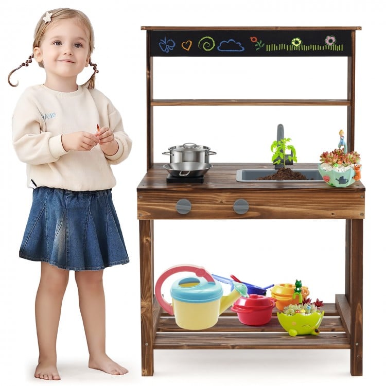 Outdoor mud kitchen for kids featuring a rotatable faucet, removable sink, and ample storage for imaginative play.