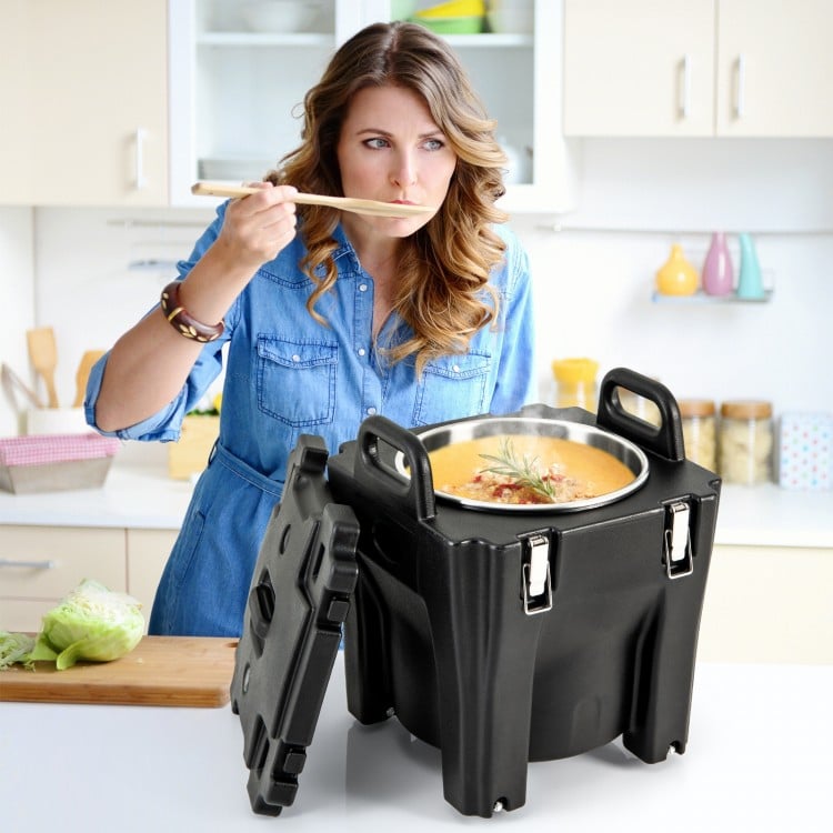 Portable 32 QT insulated food carrier in black with stainless steel barrel, ideal for catering and camping.