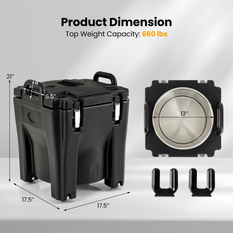 Portable insulated food carrier with stainless steel barrel, 32 qt capacity, and dimensions for catering and camping.
