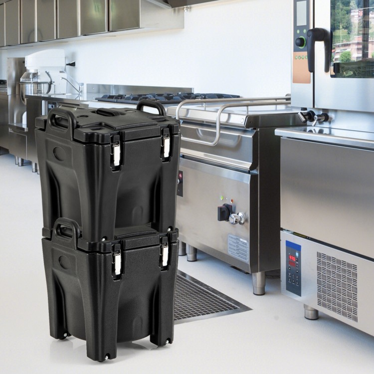 Stackable 32 QT portable insulated food carrier in black with stainless steel barrel, ideal for catering and camping.