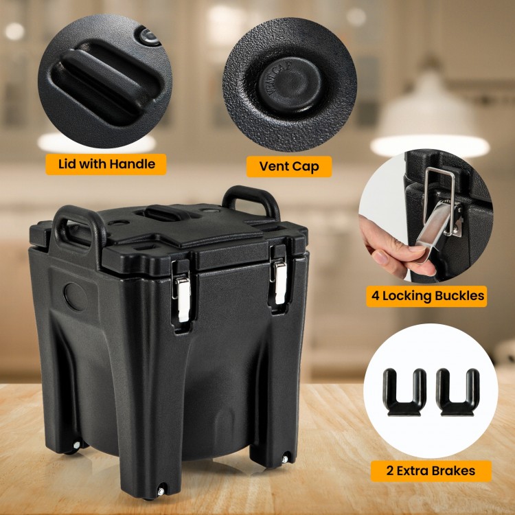 Portable insulated food carrier with stainless steel barrel, 32 qt capacity, featuring locking buckles and handles for.