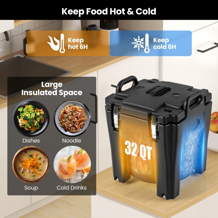 32 QT portable insulated food carrier in black with stainless steel barrel, ideal for catering and camping, keeps food.