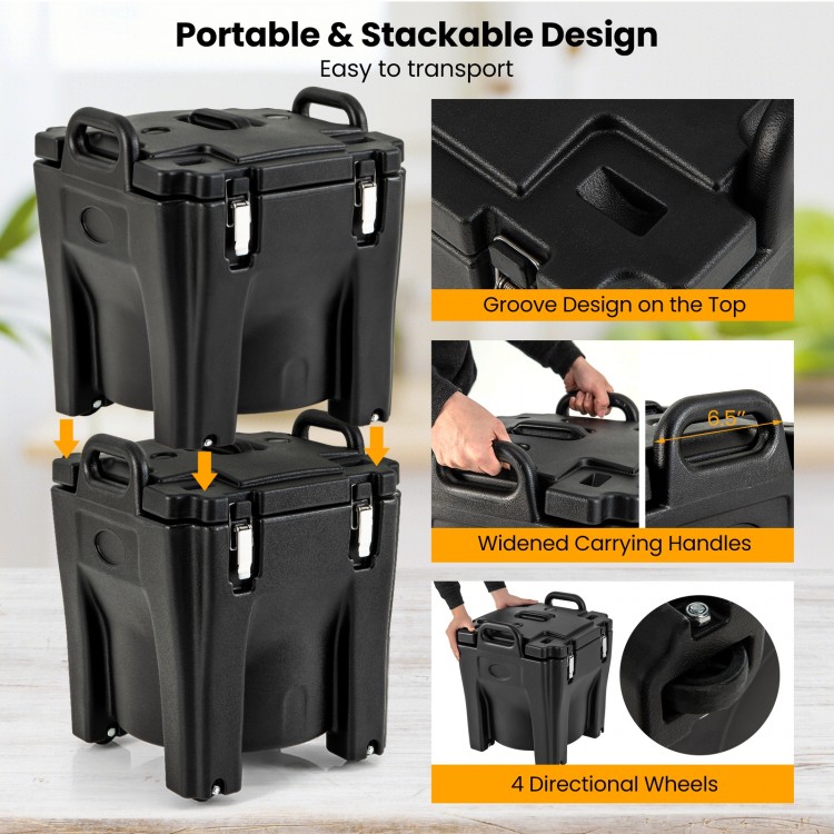 Detail shot of the 32 QT portable insulated food carrier showing the stackable design and directional wheels for easy.
