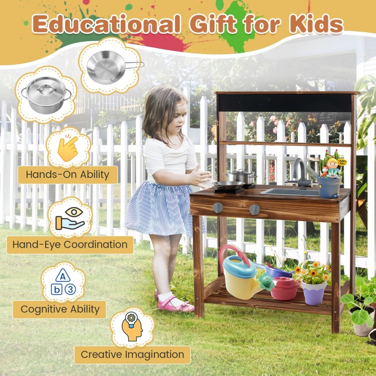 Outdoor mud kitchen for kids featuring a rotatable faucet, removable sink, and simulated stoves for imaginative play.