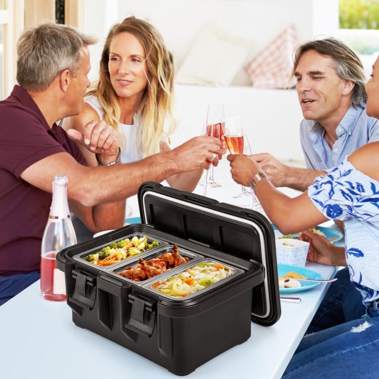 Insulated 31QT food pan container with three transparent pans, ideal for keeping food hot or cold during gatherings.