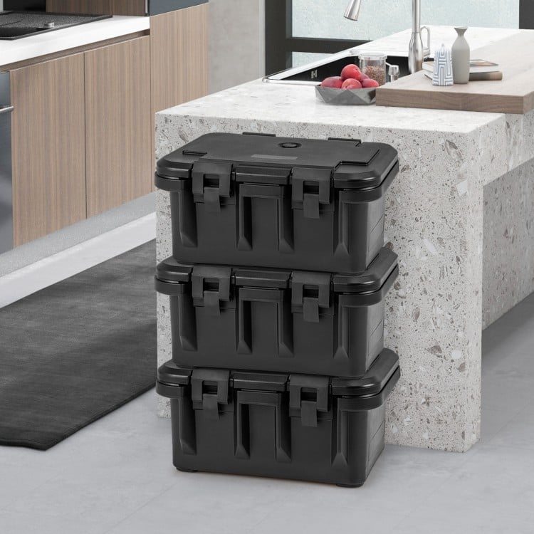 Stackable 31 QT insulated food pan container in black with three transparent pans and lids, ideal for food storage.