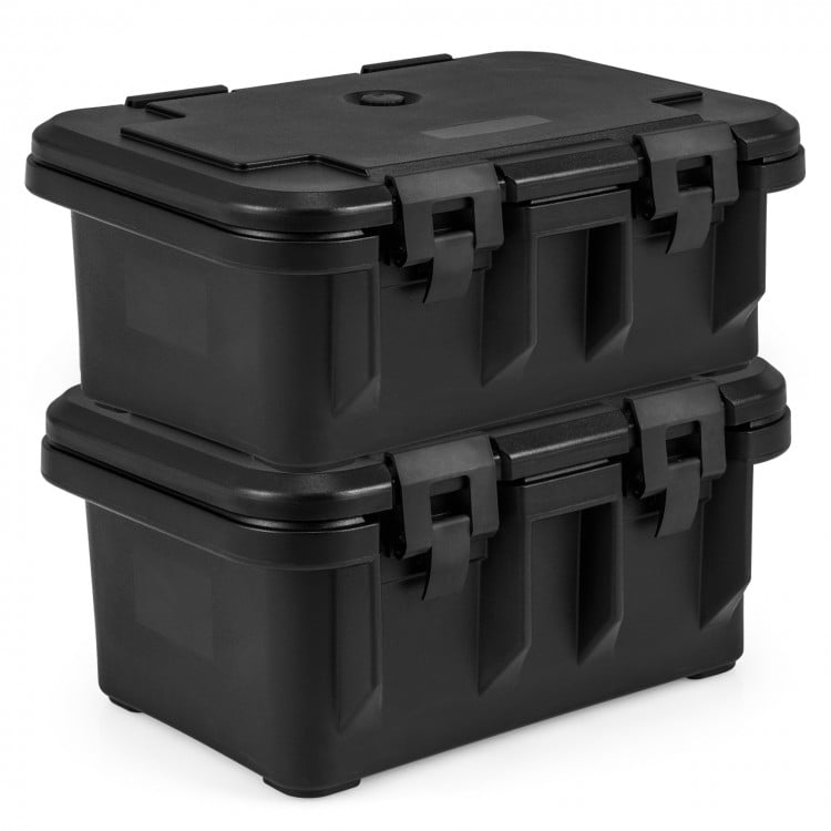 Stackable 31QT insulated food pan container in black with durable PE material, designed for temperature retention and.