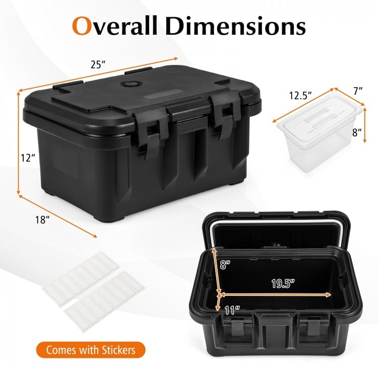 31QT insulated food pan container in black with lid, showcasing dimensions and stackable design for efficient storage.