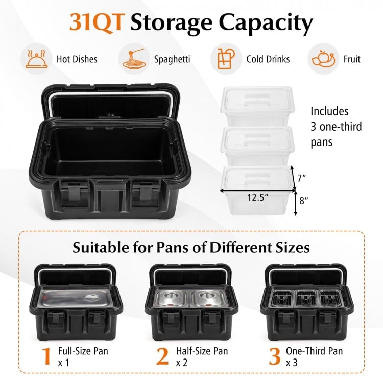 31QT insulated food pan container in black with three one-third pans, designed for versatile food storage and.