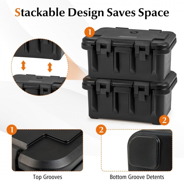 Stackable 31QT insulated food pan container in black with transparent pans, designed for efficient space-saving storage.