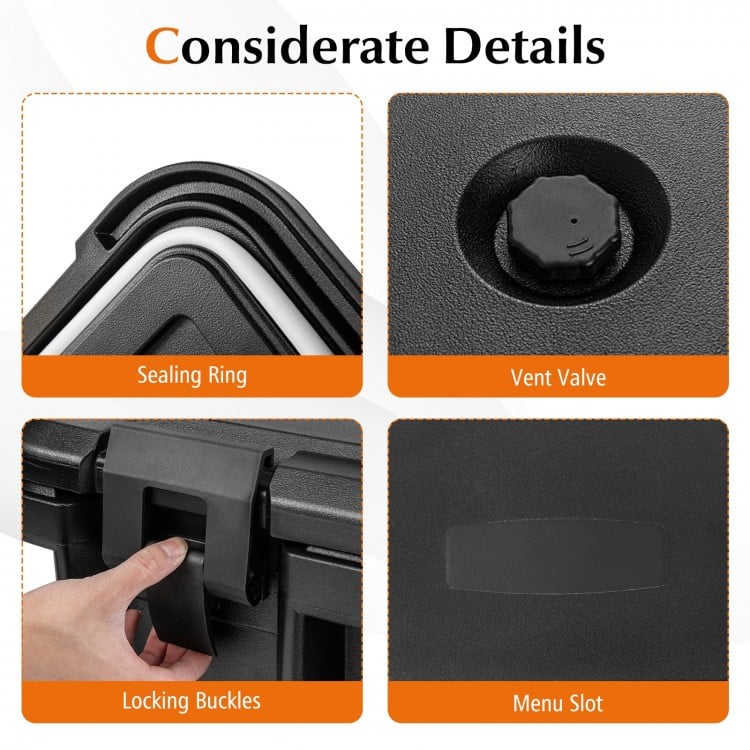 Sealing ring, vent valve, locking buckles, and menu slot details of the 31 QT insulated food pan container in black.
