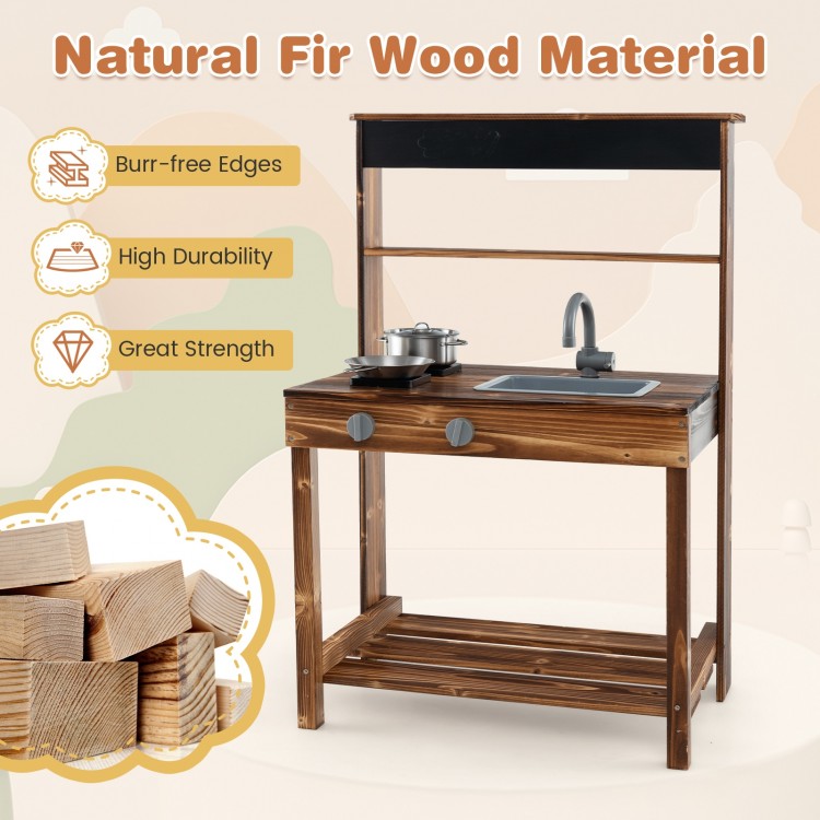 Outdoor mud kitchen for kids made of natural fir wood with a rotatable faucet, removable sink, and ample storage space.