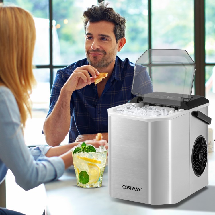 Countertop ice maker in silver producing bullet-shaped ice, ideal for home parties with self-cleaning feature.