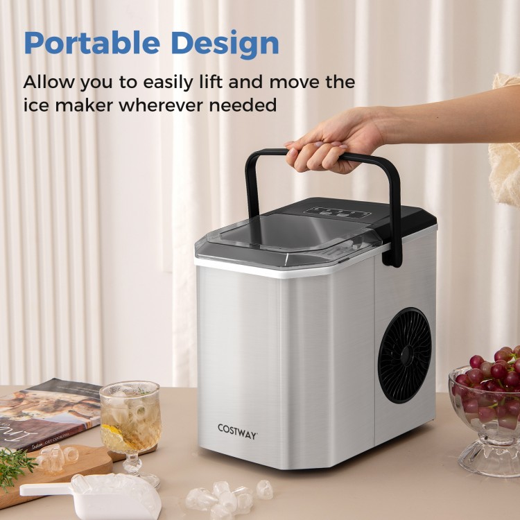 Portable ice maker in silver with handle, designed for easy lifting and moving, perfect for home or office use.