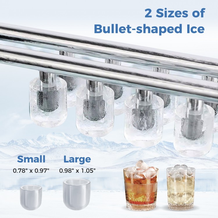 Bullet-shaped ice maker showcasing small and large ice sizes, ideal for home kitchens and parties, with self-cleaning.