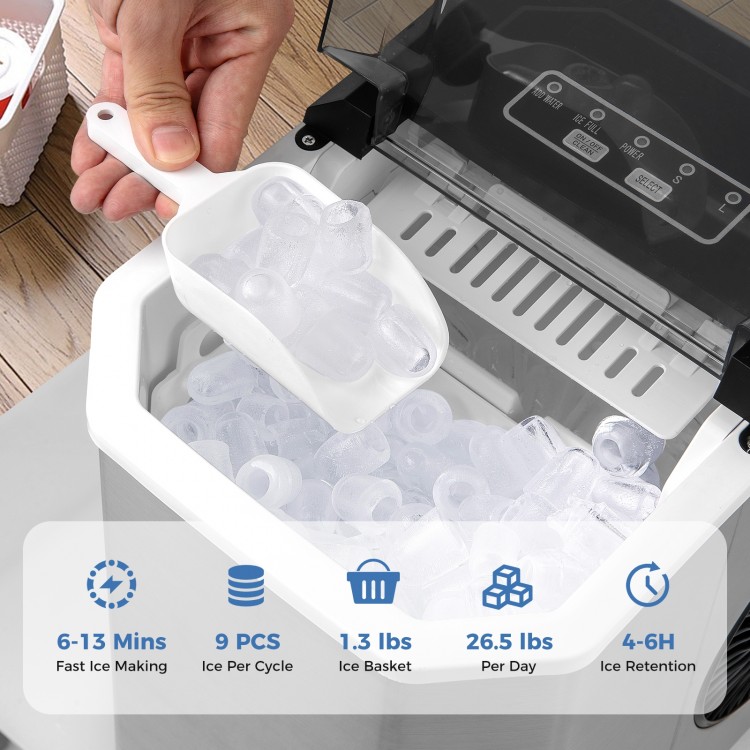 Countertop ice maker with ice scoop, producing 9 bullet-shaped ice in 6-13 mins, ideal for home and parties.