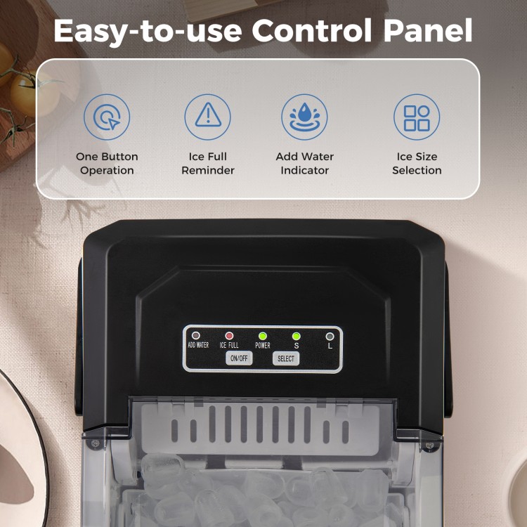Control panel of the silver ice maker with one-button operation, ice size selection, and water level indicators.