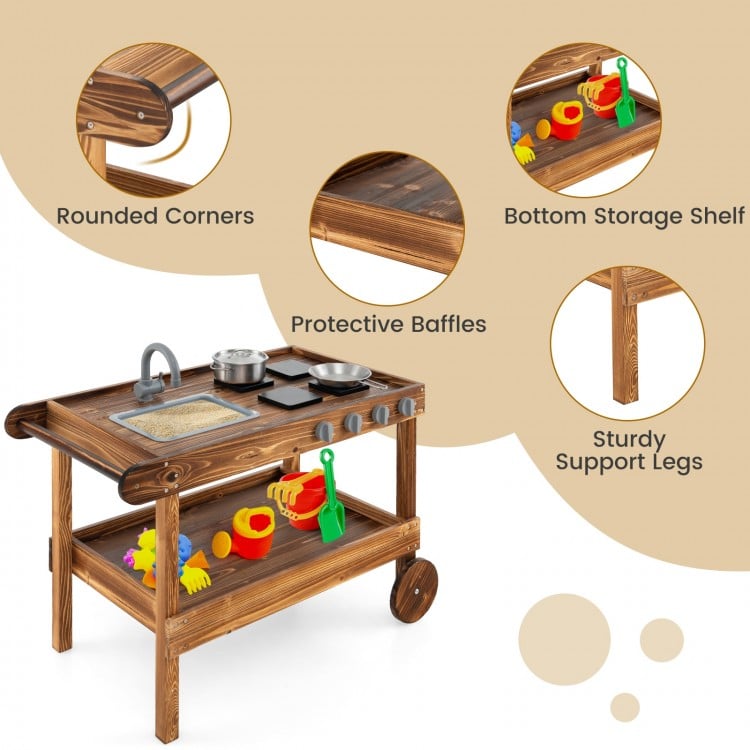 Outdoor movable mud kitchen with sink, faucet, and stoves, made of fir wood for kids' imaginative play in the backyard.