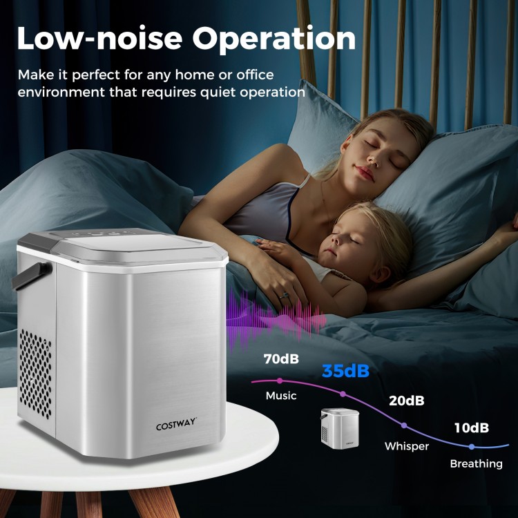 Countertop ice maker in silver, producing 9 bullet-shaped ice cubes in 6-13 mins, with low noise operation under 35dB.
