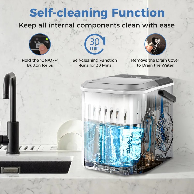 Countertop ice maker with self-cleaning function, producing 9 bullet-shaped ice in 6-13 mins for home or office use.