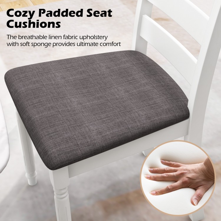Cozy padded seat cushion in linen fabric on a white rubber wood dining chair, offering comfort and rustic charm for.