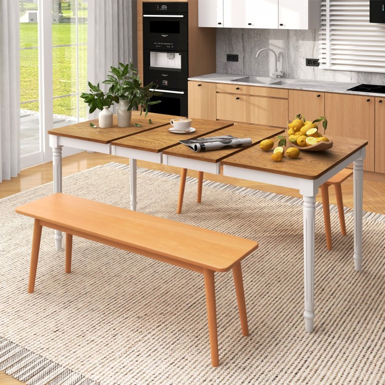 Extendable dining table with rubber wood legs, accommodating 4-8 people, featuring oak wood veneer and elegant design.