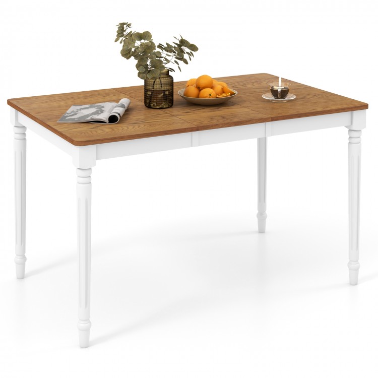 Extendable dining table with oak wood veneer and rubber wood legs, suitable for 4-8 people in dining or living room.