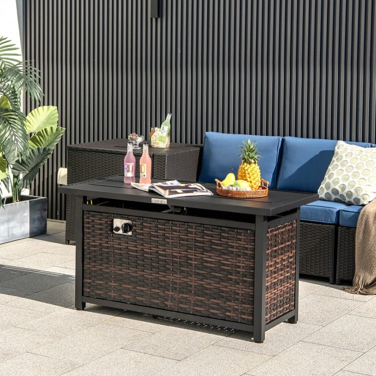 45-inch propane rattan firepit table in mixed brown, featuring a secure lid and stylish woven exterior for outdoor use.