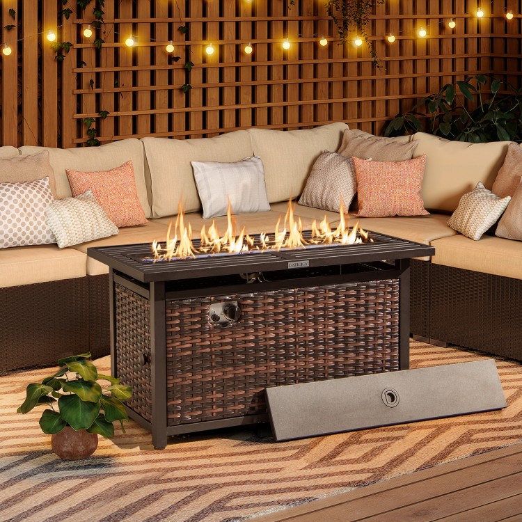 45-inch propane rattan firepit table with glass stones, offering 50,000 BTU warmth, ideal for outdoor gatherings.