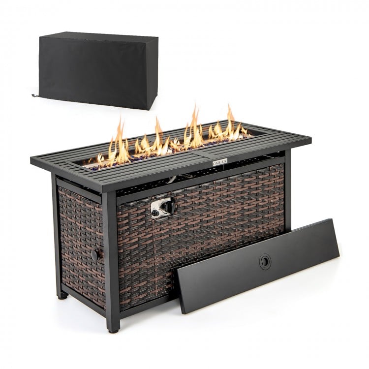 45 Inch Propane Rattan Firepit Table with Glass Stones and Protective Cover - Gallery View 1 of 10