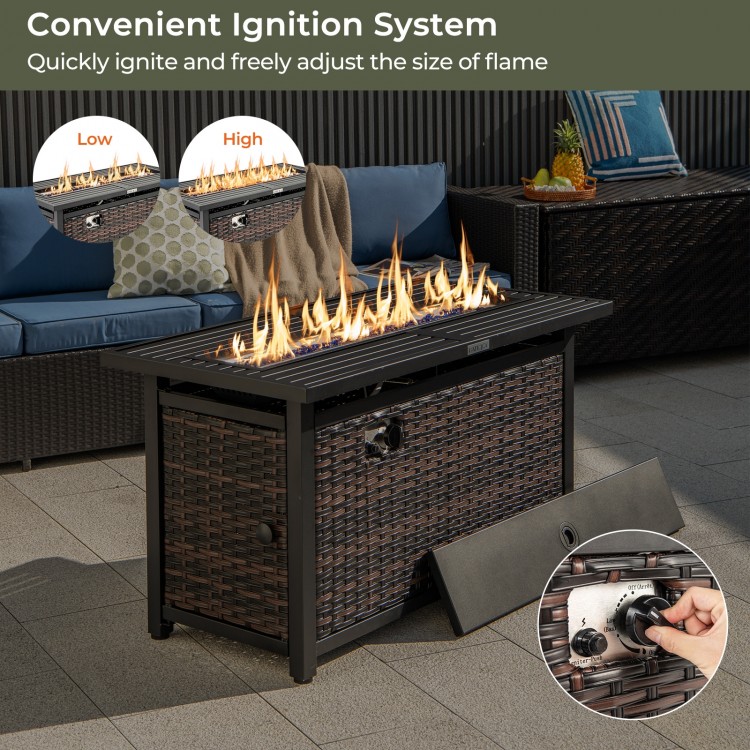 45-inch propane rattan firepit table in mixed brown with adjustable flame, glass stones, and protective cover for.