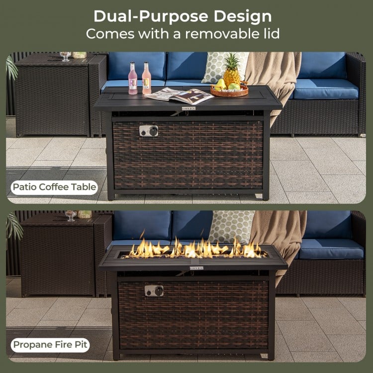Patio coffee table and propane fire pit combo with rattan finish, removable lid, and adjustable flame control.